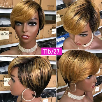 Short Pixie Cut Wig Cheap Human Hair Wigs Straight Bob Wigs With Bangs Full Machine Human Hair Wig for Black Women Black & Ombre 2