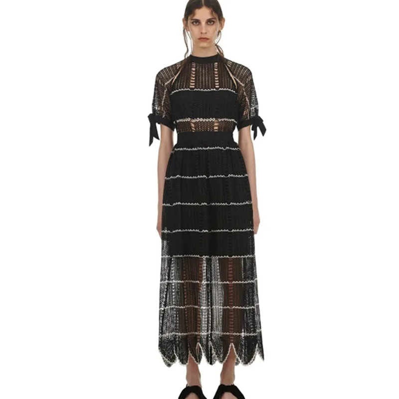 

2019 Runway High Quality Lace Party Maxi Dress Fall Women Short Sleeve Color Collision Hollow Out Lace Long Dresses Vestidos