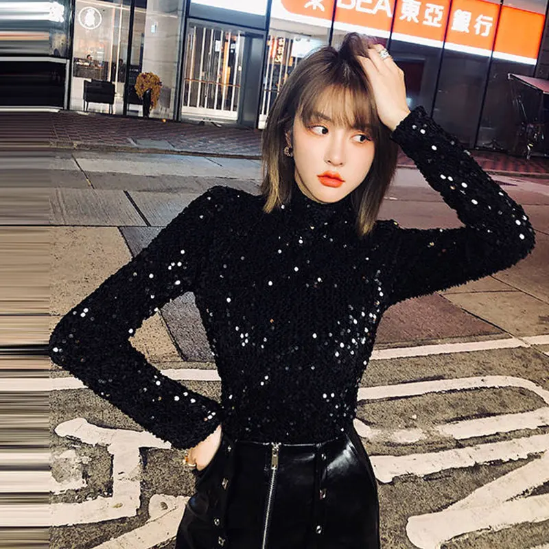 Harajuku расшитая блестками футболка женская новая футболка с длинным рукавом Женская винтажная тонкая водолазка Топ Женская одежда Женская футболка 128