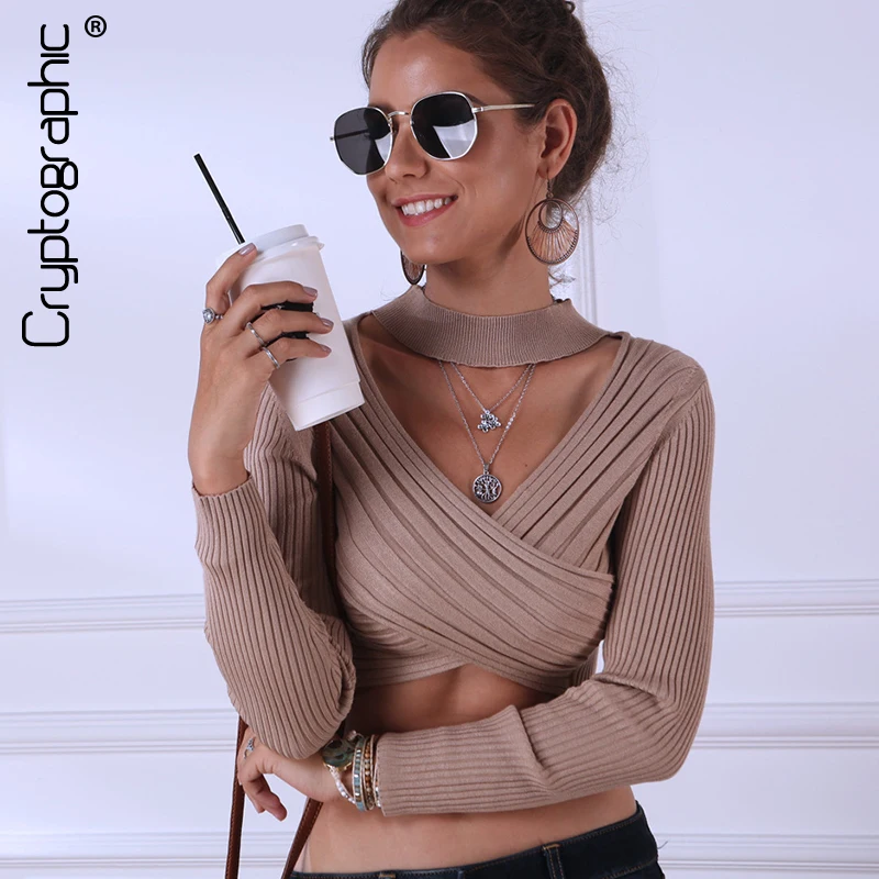 

Cryptographic Casual Long Sleeve Solid Sweater Woman Winter 2019 Criss Cross V Neck Crop Tops Halter Pullovers Fashion Sweaters