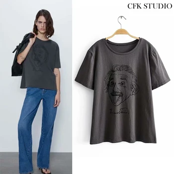 

2020 Za Women Summer T-shirt with O-neck Cartoon Printed Short Sleeve Cotton Top Femme Casual Loose Grey Vintage Tee Top