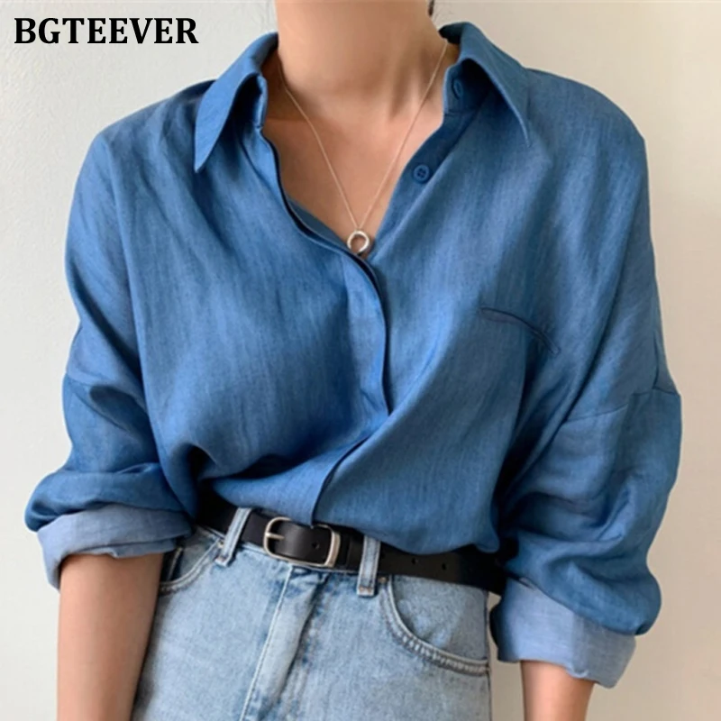 

BGTEEVER Chic Turn-down Collar Women Blouses Tops 2021 New Fashion Single-breasted Female Solid Shirts Spring Blusas Femme