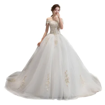 

Feerijt 2020 New Luxury Sweep Train Wedding Dress Beautiful Lace Embroidery Flower Princess Bride Ball Gown Vestido De Novia