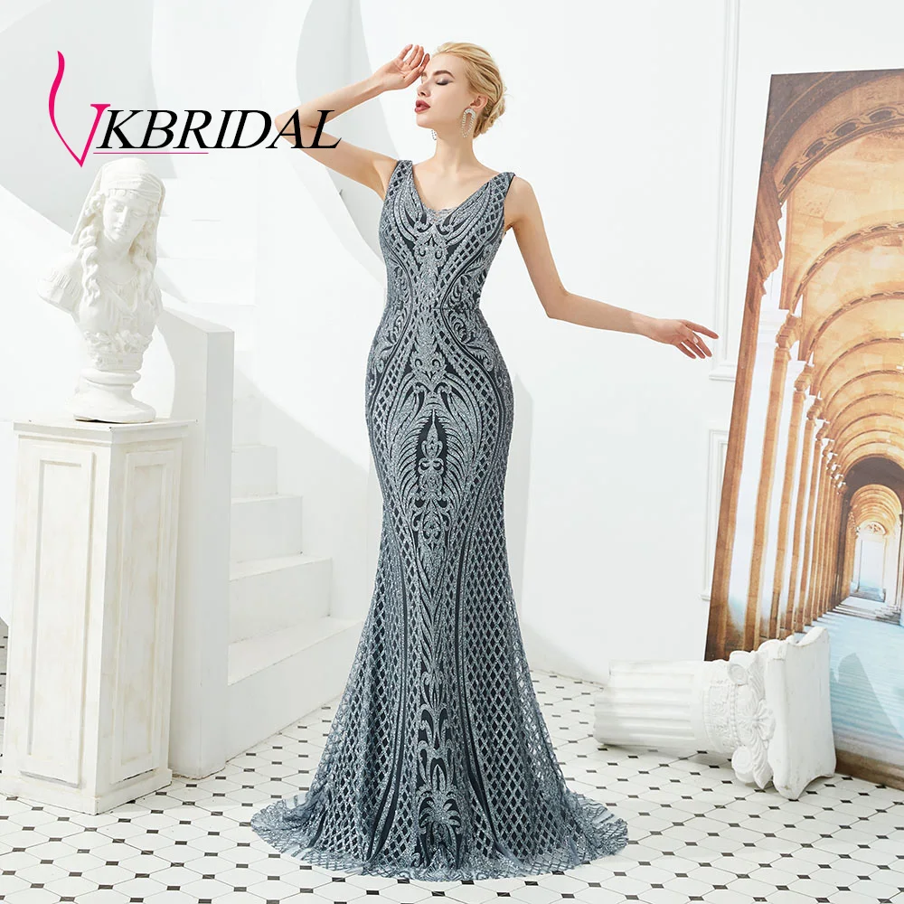 VKBRIDAL, блестящие вечерние платья русалка, длинные,, узор, расшитый бисером, кристалл, серый, официальное платье de soiree с v-образным вырезом на спине