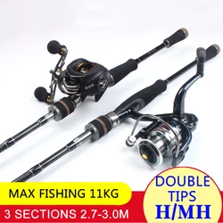 3 Sections 2.7m 3.0m Carbon Lure Fishing Rod 2 Tips MH H Spinning Casting Rod Super Hard Sea Bass Pole Tackle Bait Weight 8-50g