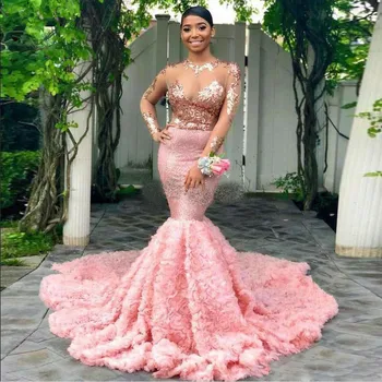 

2019 Pink Mermaid Prom Dresses Sheer Top With Appliques Evening Gowns Illusion Long Sleeves Rose Ruched Sweep Train Formal Dress