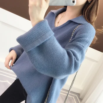 

2019 winter new women sweater and pullovers v-neck flare sleeved solid loose lady female pulls outwear coat tops