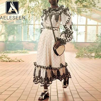 

AELESEEN Runway Fashion Women Dress Designer Long Sleeve Lace Ruffles Flower Embroidery Dot Print Long Elegant Luxury Dresses