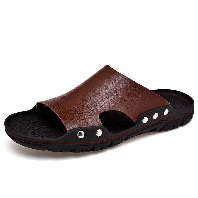 

Мужские кожаные шлепанцы, Нескользящие сандалии, пляжные, повседневные, уличные тапочки, размеры 38-48, лето 2021