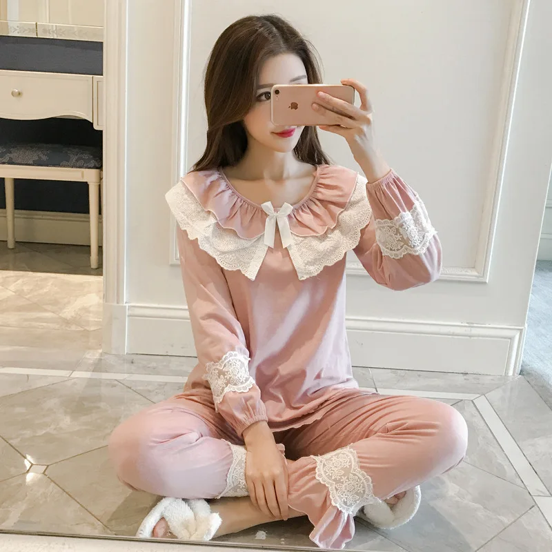 

Kee Shing 766 #2018 Spring Women's New Style Lace-up Knit Cotton Long Sleeve Sweet Pajamas Suit Princess Home