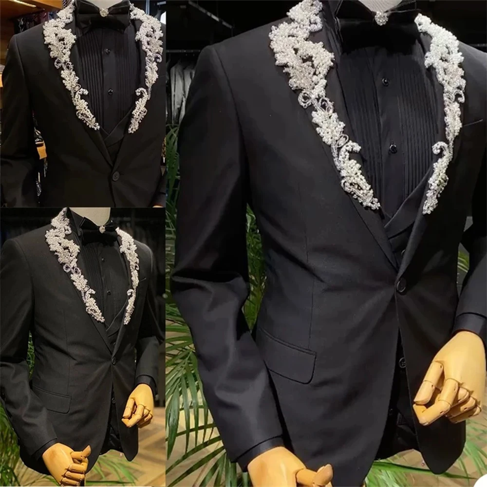 

Luxury Crystals Beaded Wedding Tuxedos Black 3 Piece Men Suits Custom Made Jacket+Vest+Pants Groom Wear Blazer Trajes De Hombre