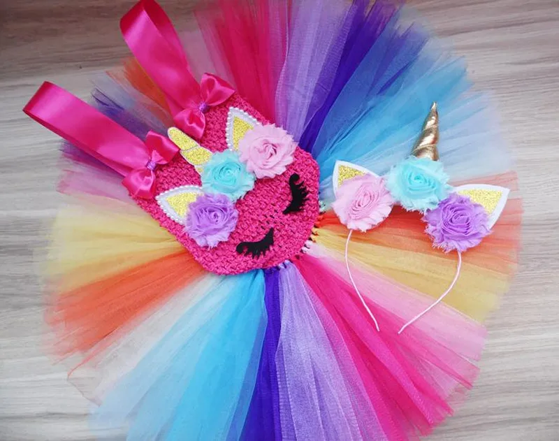 Платье-пачка с единорогом для девочек с повязкой на голову; Jojo Siwa; Радужное платье принцессы с фатиновой юбкой; Детские платья для дня рождения; бальное платье для девочек