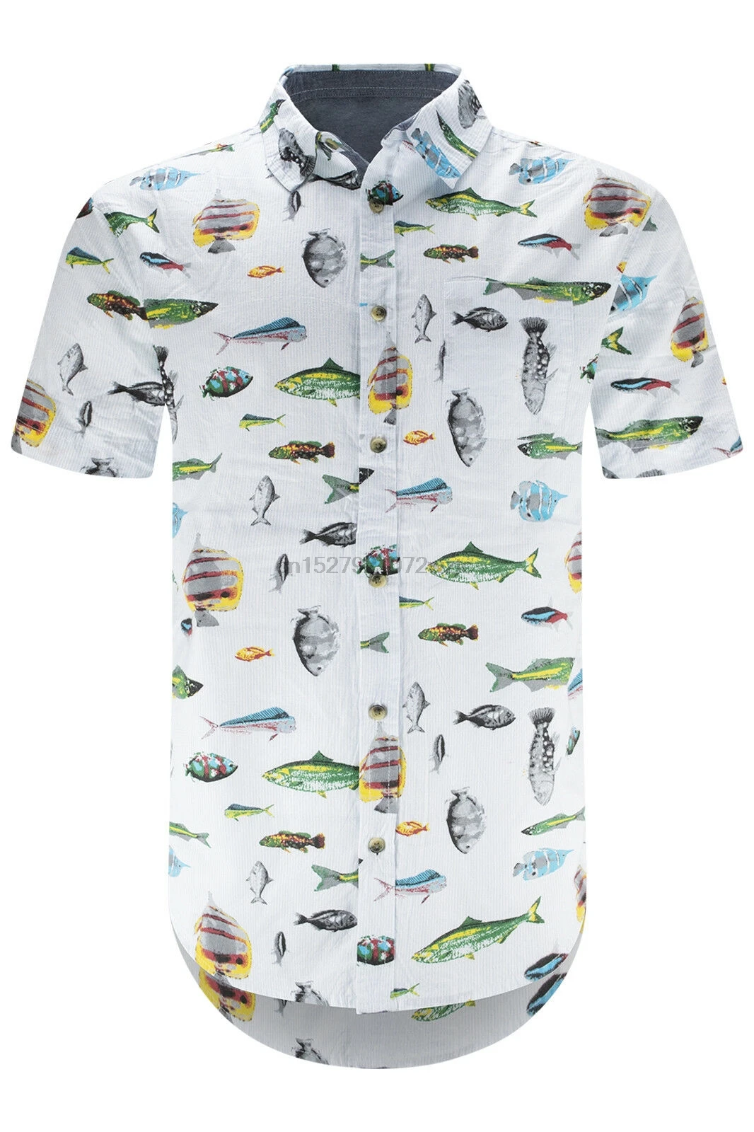 Men Button Up Shirt White Fishing Fish Collar Print Short Sleeve Sizes