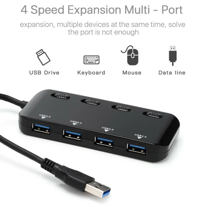 USB 3,0 концентратор сплиттер удлинитель 4 порта USB концентратор данных с индивидуальный переключатель светодиодный свет VDX99