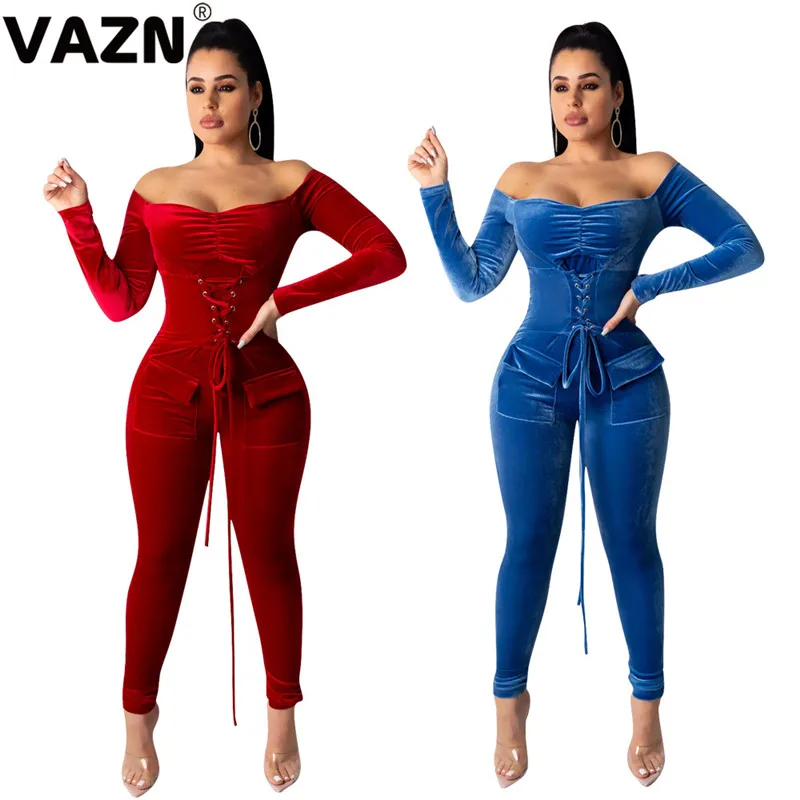 VAZN осенние однотонные Длинные Комбинезоны с открытыми плечами для молодых женщин, Клубная одежда, повседневные комбинезоны с длинным рукавом, женские бандажные комбинезоны