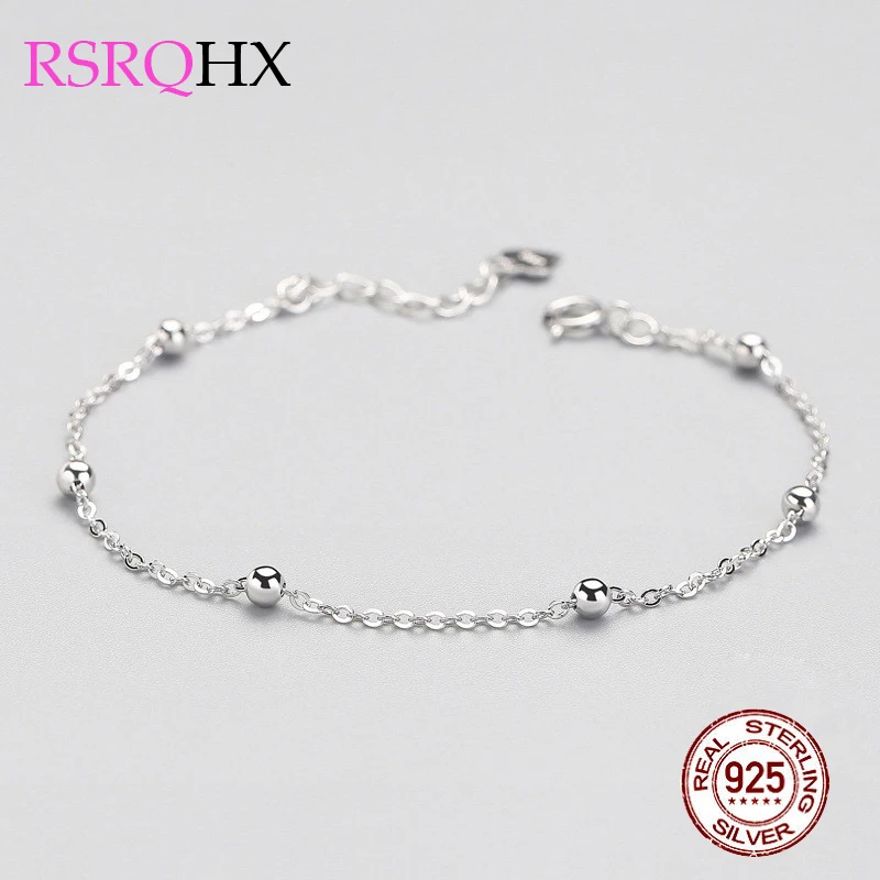 Браслеты из стерлингового серебра S925 пробы с бусинами, очаровательные браслеты для женщин и девочек, цепочка Rolo, модный простой стиль, лучшие подарки для девушек