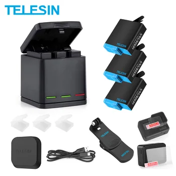 

TELESIN 3 Slots LED Battery Charger Box 3Pack Battery Type-C Cable Backpack Clip Tempered Glass Lens Cap for GoPro Hero 8 Black
