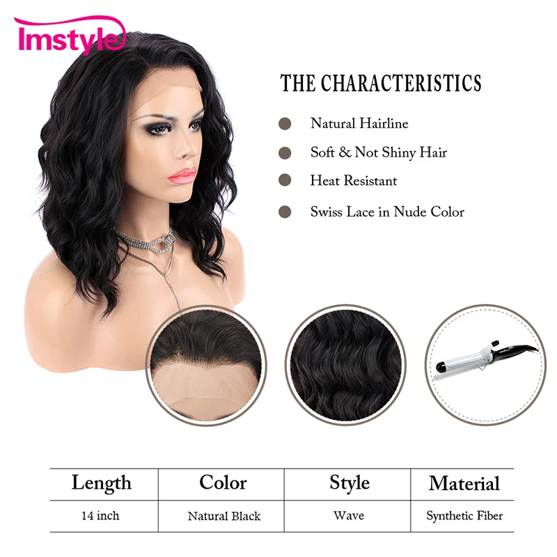 Imstyle черный парик короткий Боб синтетические парики на кружеве для женщин глубокая волна натуральные волосы термостойкие волокна Glueless косплей парик