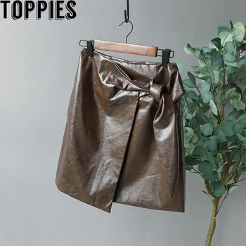 

Winter Faux Leather Skirts High Waist Asymmetrical Skirts Lady Office Mini faldas Saia Lace Up Waist