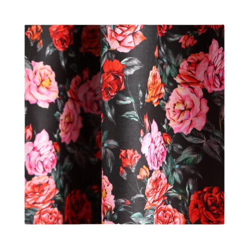 

Width 57" High-Density Fashion Red Rose Floral Printed Cotton Fabric By The Half Yard For Dress Shirt Children's Wear Material