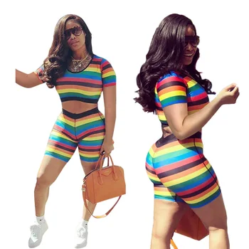 

Women Sets Striped Outfits 2 Piece Crop Top and Short Set Rainbow Conjunto Verano Two Piece Set Shorts Summer 2020 Crop Top Set