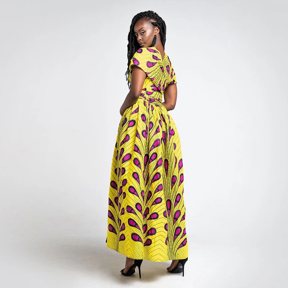 Летняя мода различные способы ношения в африканском стиле Для женщин с v-образным вырезом пышная Свободная юбка цифровой с принтом «перья», длинное платье Разделение платье
