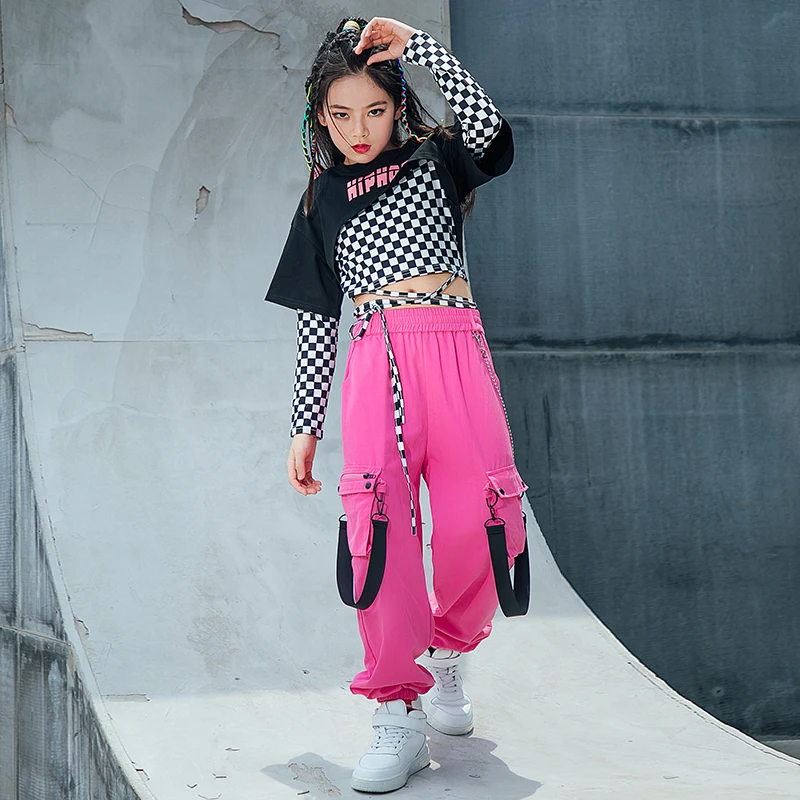 Children Hip Hop Dance Clothes Lattice Tops For Girls Casual Cargo Pants Jazz Performance Rave Wear Street Dance Costume BL7097
