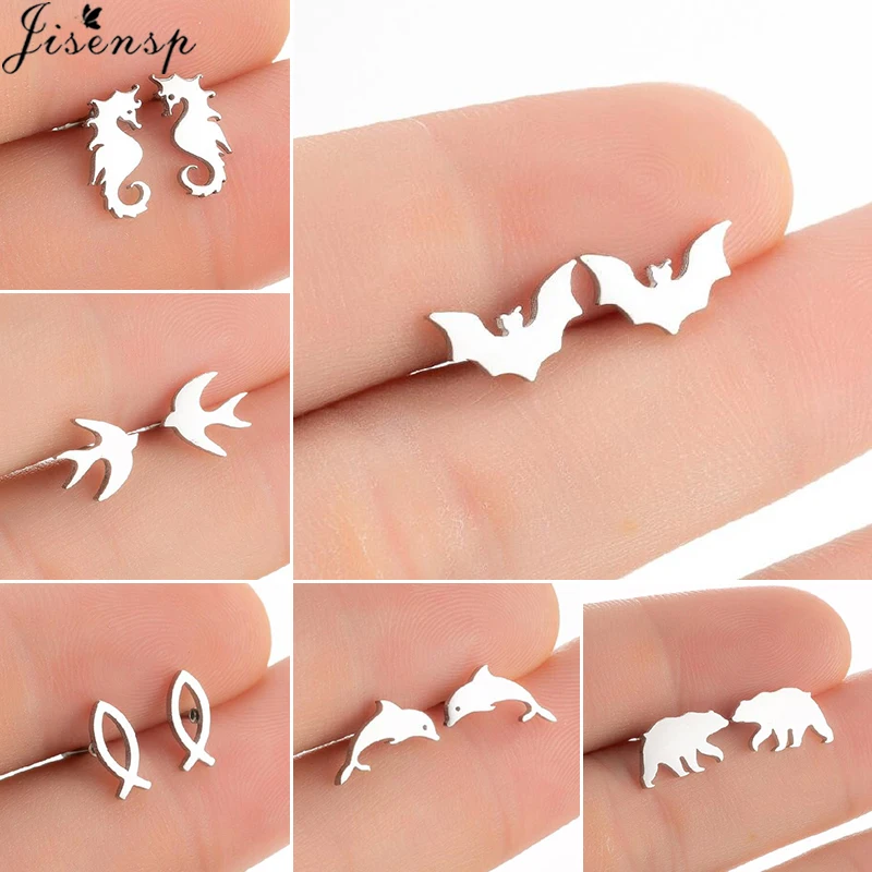 Bijoux minimalistes, boucles d'oreilles fines et mignonnes pour femmes, petites boucles d'oreilles en forme de hippocampe, de chauve-souris, d'ours, de dauphin, boucles d'oreilles animales, orecchini