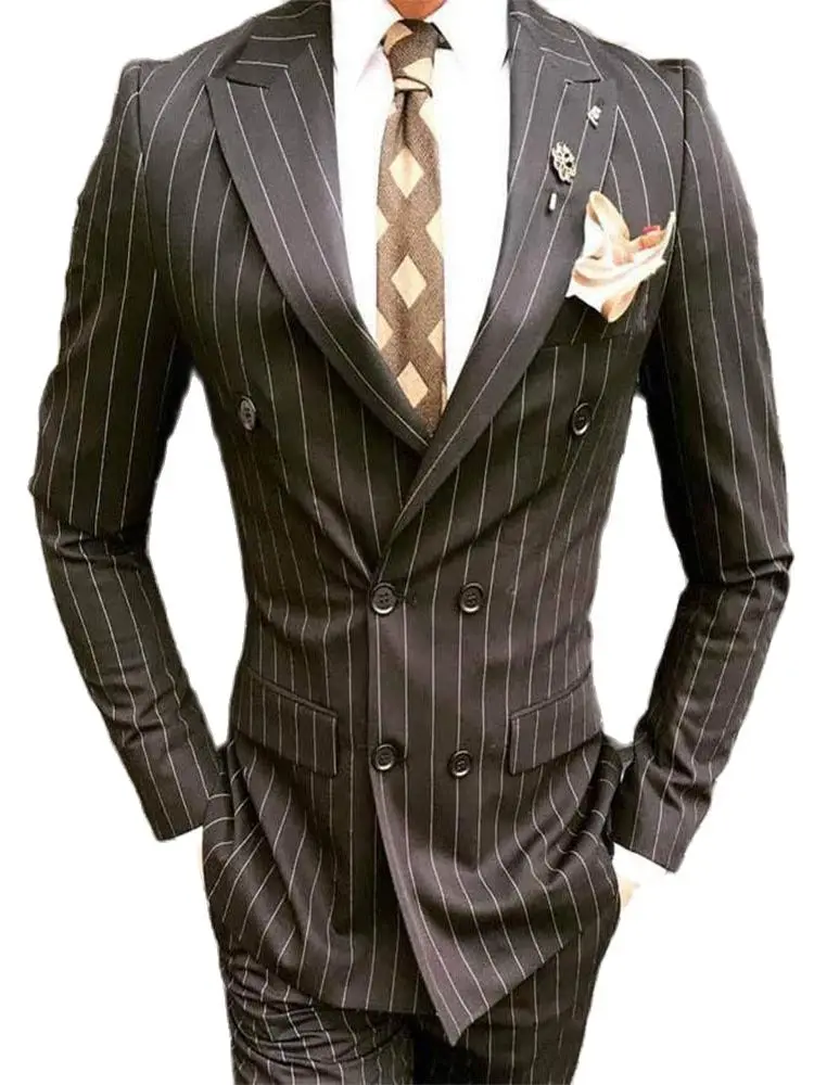 

2Pcs Grey Stripe Men Suits Double Breasted Blazer Trousers Tailored Dinner Party Wear Costume Homme Jacket Pants Male Suits Sets