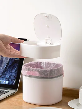 

Large Capacity flip table trash can Hidden flip office mini wastebasket independent inner bucket bedroom bedside elastic lid sto