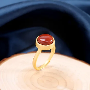 

S925 Sterling Silver Ornament Fashion Women's Gold-Plated Red Agate Ring