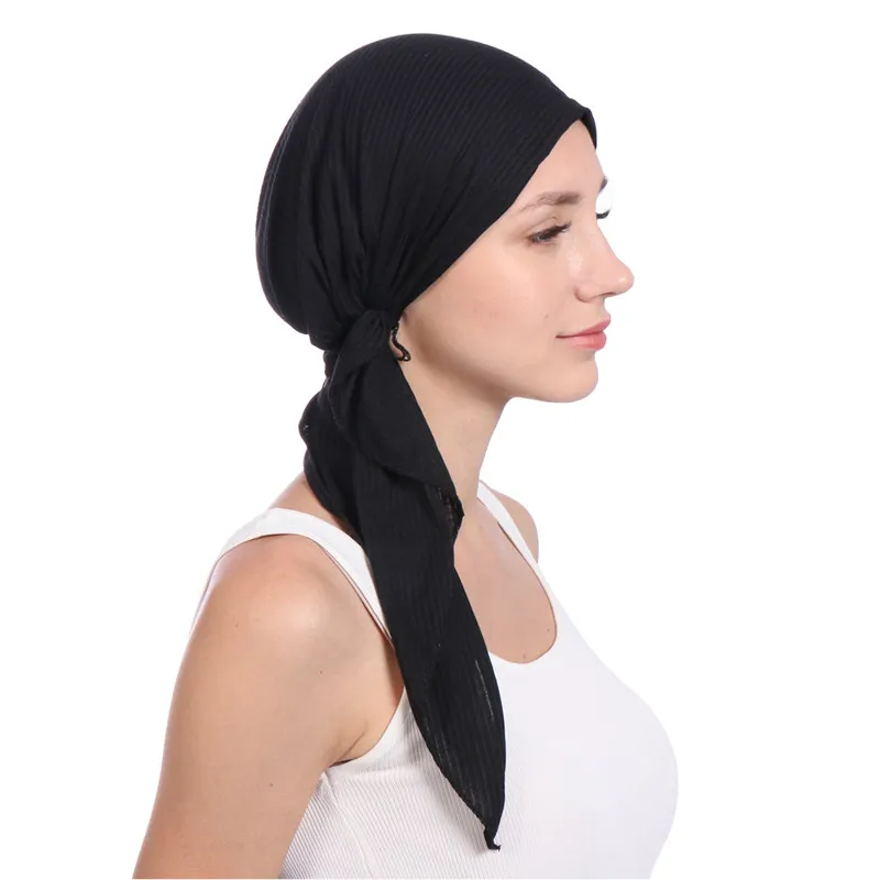 Новая эластичная хлопковая однотонная цветная намотка головы шапки, шарфы мусульманский тюрбан капот для женщин внутренняя шапка под хиджаб Модные женские тюрбанты шапки