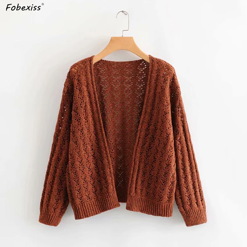 

Short Cardigan Sweater Women Fall Long Sleeve O Neck Vintage Brown Red Hollow Out Elegant Casual Knitted Cardigan Sweater Women