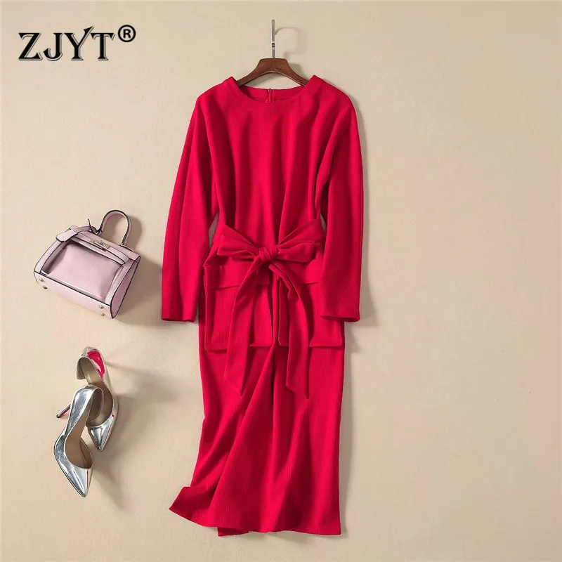 

Runway Dress 2020 Spring Women High Quality Fashion Long Sleeve Lace Up Solid Red Simple Casual Christmas Party Dresses Vestido