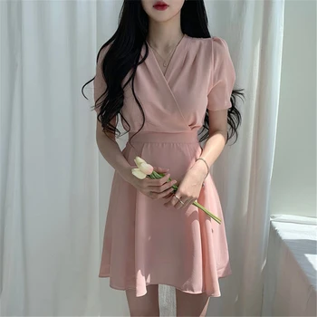

Women Summer Chiffon Dress Summer Solid Short Sleeve Mini A-Line Dress Fashion Puff Sleeve High Waist Casual V-Neck Dresses