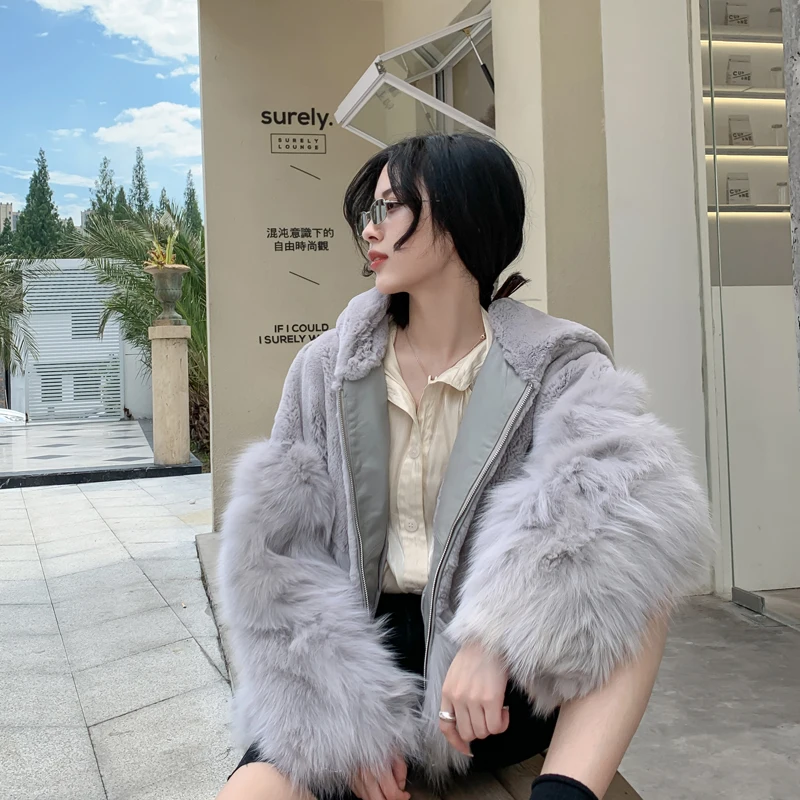 rf1987 New Arrival Real Fox Fur Fashion Woman's Real Rex Rabbit Fur Coat with Hood Natural Fur Jacekt
