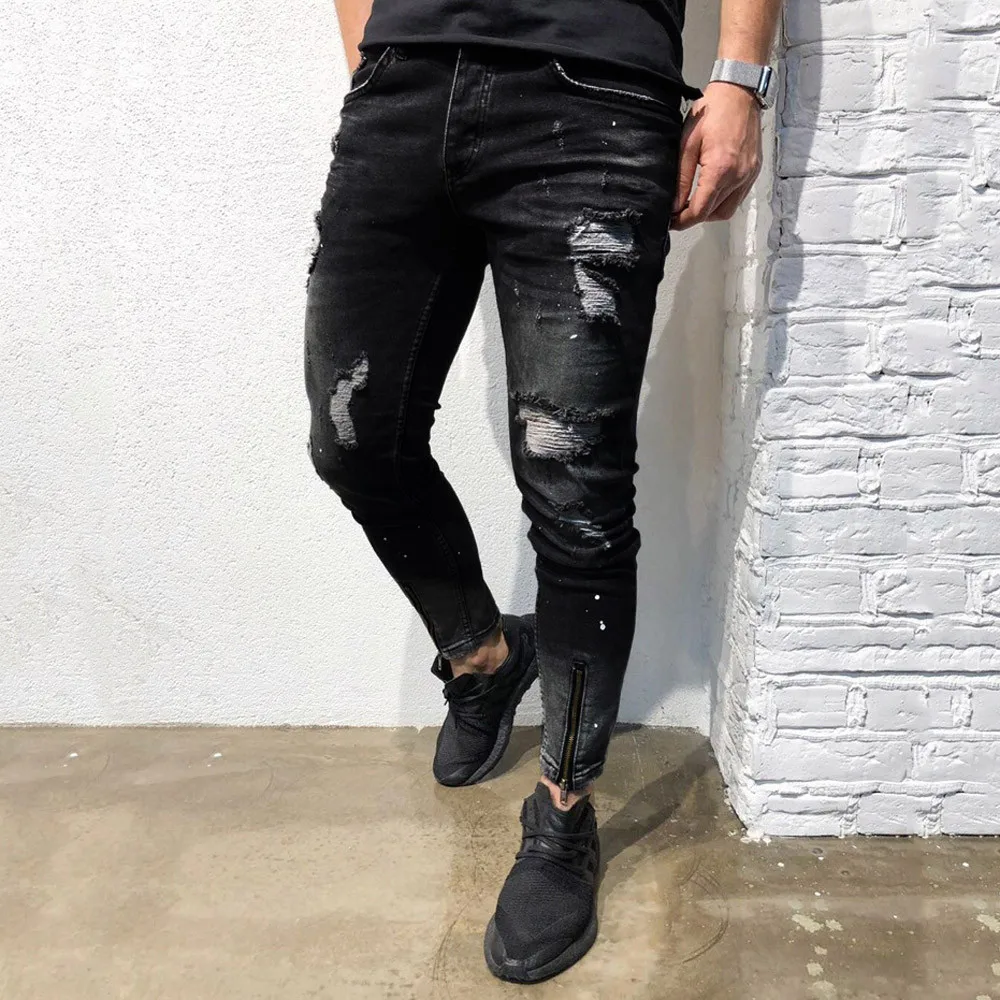 

Men's Pants Big Size Mens Skinny Stretch Denim Pants Distressed Ripped Freyed Slim Fit Jeans Trousers ankle-length men's Pants