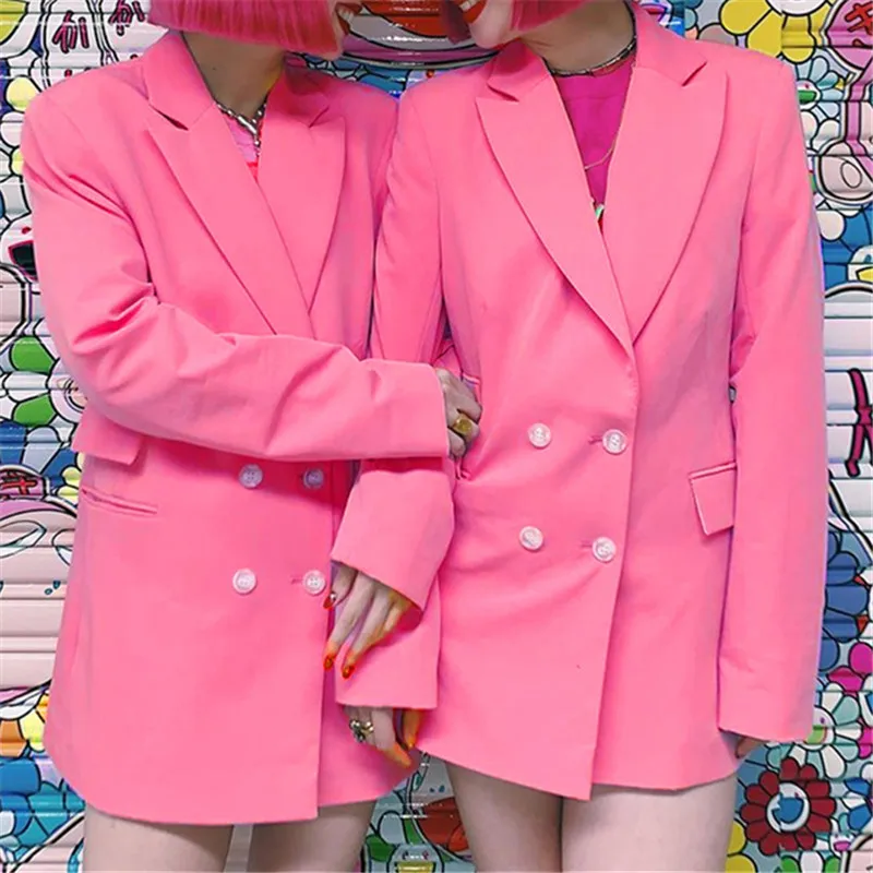 High Street Long Sleeve Pink Blazer Women Casual Double Breasted Long Coats And Jackets Korean Kawaii Elegant Overcoat Autumn