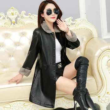 

Dames Jassen Winter Female Leather Thickened Black Jacket Women Chaqueta Cuero Mujer Self Cultivation Temperamental Long Coat