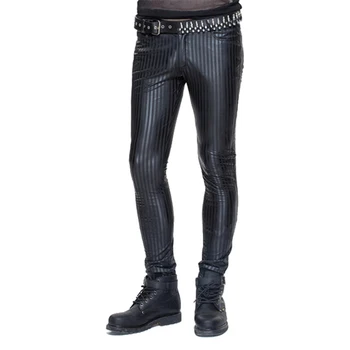 

Devil Fashion Men Gothic Leather Trousers Punk Rock Slim-fitting Striped Pants Casual Streetwear Punk Long Trousers