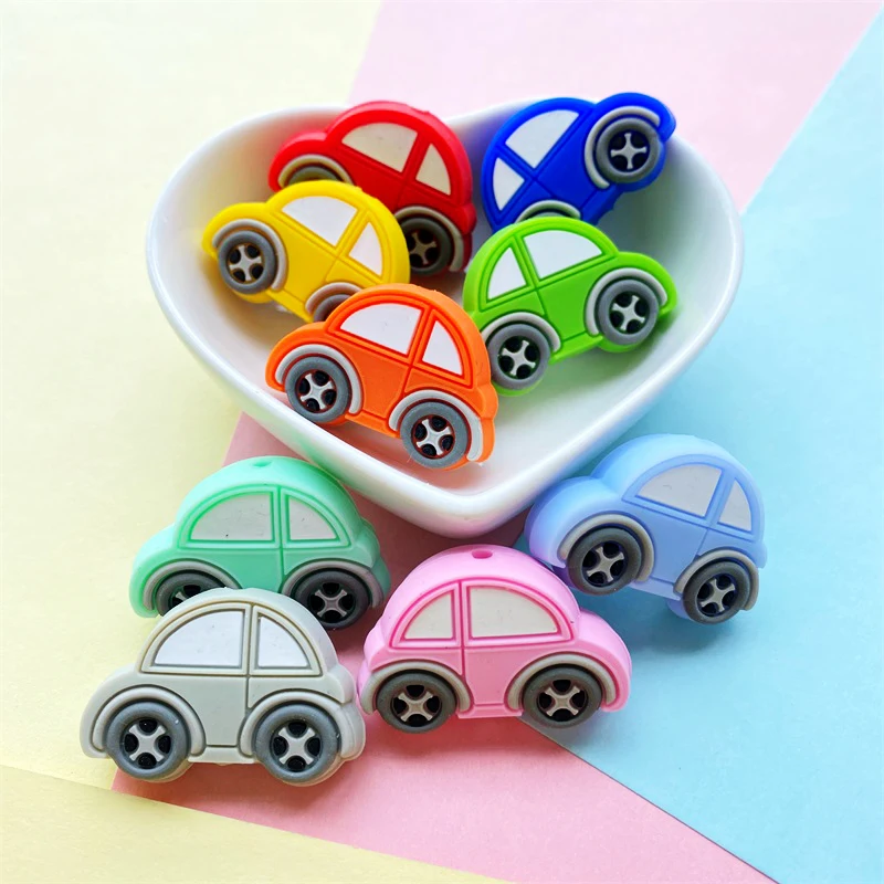 BPA Free Cartoon Mini Car Silicone Beads Pacifier Clips Baby Toys DIY Making Necklace Baby Teether 10pcs