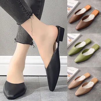 

2020 new women's summer sandals solid color low-heeled square heel half slippers party casual pointed heel sandals обувь женская