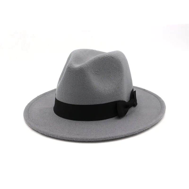 Женская шляпа-федора, элегантная шерстяная и фетровая шляпа с широкими полями, винтажная шляпа-чародей, джаз, унисекс, модная весенняя Осенняя черная широкополая шляпа - Цвет: grey