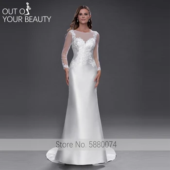 

White Wedding Dress 2020 Mermain Elegant O-neck Long Sleeves Regular Embroidered Applique Chapel Train 50cm Tail Back Button