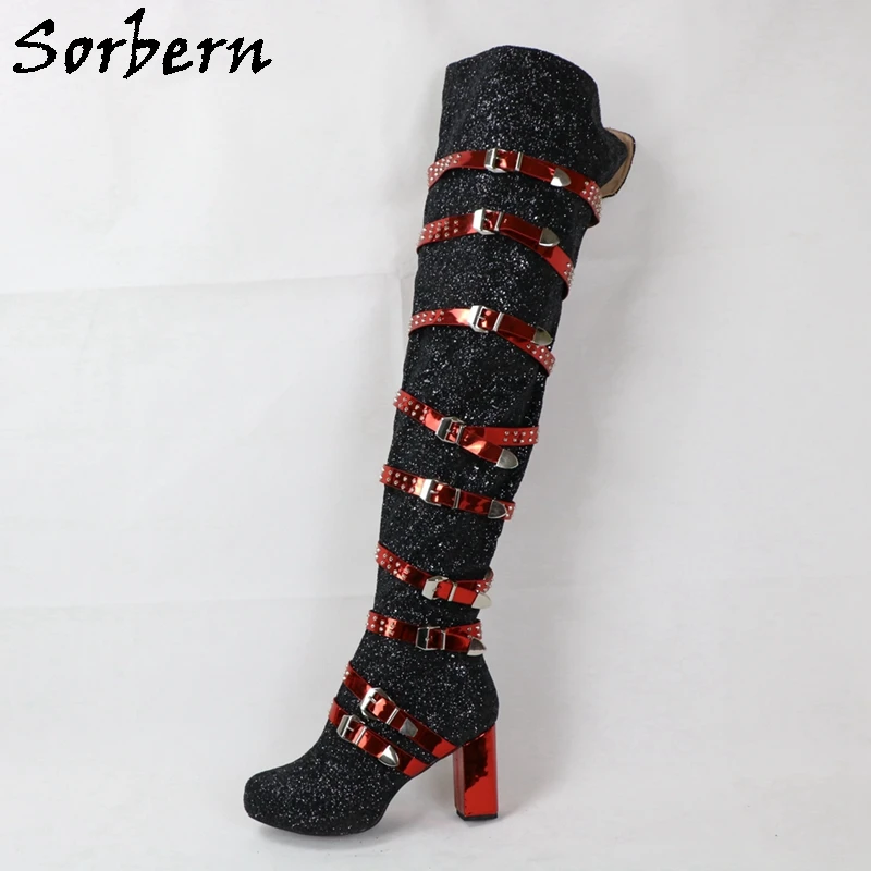 

Sorbern Black Glitter Punk Boots Women Cute Round Toe Block Heels Rivets Holo Red Straps Open Back Thigh High Boot Ladies