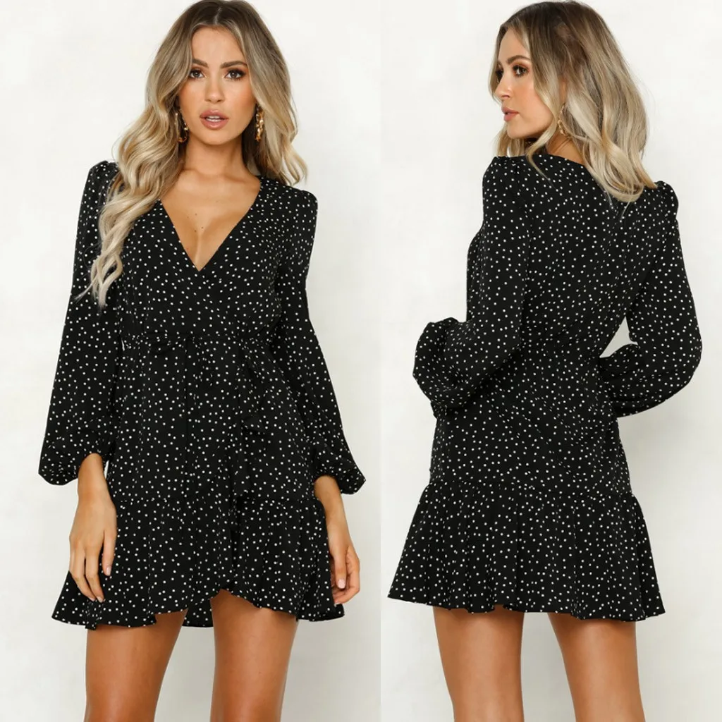 

Fashion Women V-Neck Low Cut Lantern Sleeve Polka Dot Print Ruffles Open Fork Mini Dresssexy Mini Dress Party Club Women