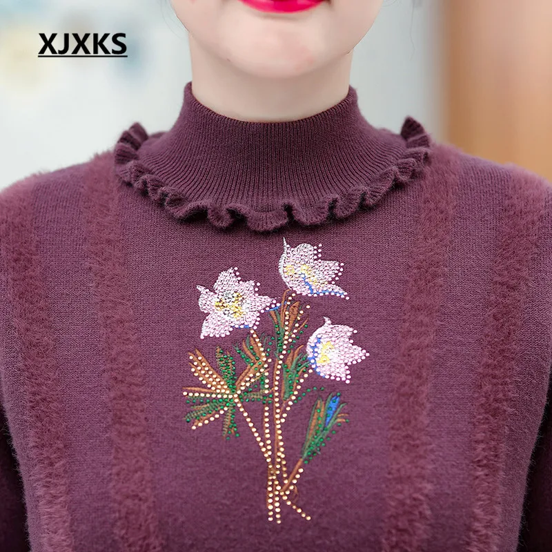 XJXKS Women winter sweater new exquisite embroidery plus size cashmere knit turtleneck sweater women pullover