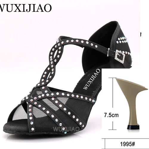 WUXIJIAOLatin/танцевальная обувь; женская обувь для ужина; обувь для танцев из сатиновой сетки черного цвета; блестящие стразы; обувь для сальсы; Высокий каблук 9 см - Цвет: black heel 7.5cm
