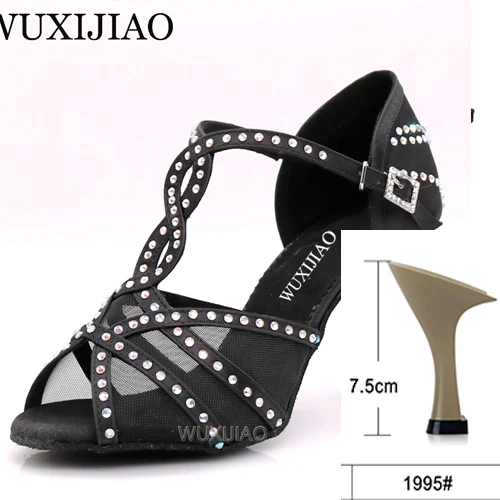 black heel 7.5cm WUXIJIAOLatin/танцевальная обувь; женская обувь для ужина; обувь для танцев из сатиновой сетки черного цвета; блестящие стразы; обувь для сальсы; Высокий каблук 9 см - Цвет: black heel 7.5cm