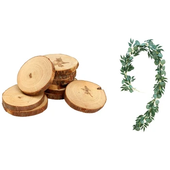 

10PCS Natural Tree Round Wood Log Slice with 2Meter Artificial Eucalyptus Leaves Vine